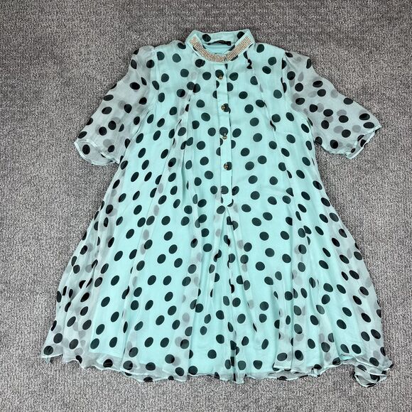 Elenyun Dress Womens Small Blue Polka Dot Silk Sheer Lined Short Sleeve Beaded - Picture 1 of 6